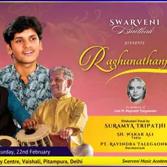 The poster for our 'Raghunathanjali' Swarveni Baithak, organized in collaboration with Sangeet Kala Kendra, Agra, featuring a performance by Suramya Tripathi.