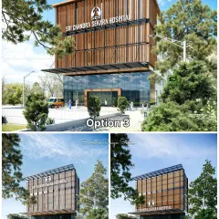 This image shows three different elevation design options for a large hospital project, allowing the client to compare facade treatments and choose the most suitable one.
