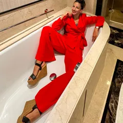 Having a bit of fun in a red suit for a GQ India event. Fashion should be expressive and playful.