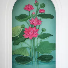 For a sacred space, I created this serene lotus mural to exist in harmony with light and belief. The flowers and leaves are individually sculpted and layered to create a sense of three-dimensional depth and tranquility, making the art feel like it's breathing within the arched niche.