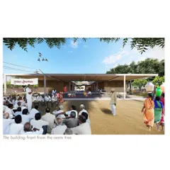 Our competition entry for a community center in Andhra Pradesh, viewed from the shade of a neem tree. The design centers on a large, welcoming courtyard, a traditional feature of tropical Indian architecture that fosters interaction and provides a cool, protected space for community activities.