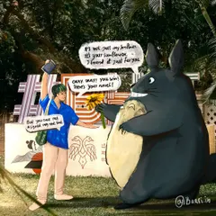 A fun digital drawing I did imagining Totoro at the Bengaluru Literature Festival. I love combining my passions for Ghibli and local culture in these playful illustrations.