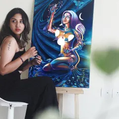 This piece is about the joy of creating your own reality. A soul in the form of a woman joyfully plucks planets from the sky, embracing her power to shape her world. It’s a reminder to find the fun in living.