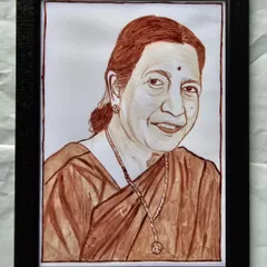 A beautifully detailed blood portrait of an elderly woman, likely a mother or grandmother. The artwork captures her warm smile and is set in a simple, elegant black frame.