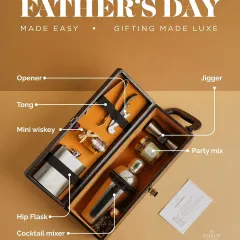 A detailed look inside our Gentleman's Pour hamper for Father's Day. It includes a hip flask, cocktail mixer, jigger, opener, and party mix, all packed in a stylish leather-finish box.