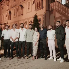 The groom and his groomsmen ready to kick off the wedding celebrations in Rajasthan.