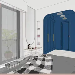 A render of the master bedroom, showing the view from the bed into the walk-in wardrobe area. We use 3D visualization to help you understand the flow and feel of the space.