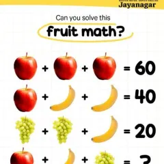 Here's a fun fruit math puzzle we sometimes use to warm up our brains. It looks simple, but it requires careful observation and logical thinking.