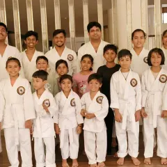 The entire team at our Virar branch gathered for a group photo after the belt distribution. The mix of junior and senior students, all in their karate gi, shows the strong and growing family we have built.