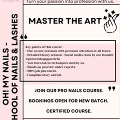 Our pro nails course is designed for your success. We focus on one-on-one sessions, detailed theory from our founder, hands-on practice, and provide a complimentary nail kit and 100% job placement assistance.