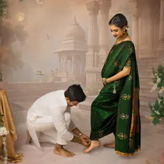 A beautiful gesture of care in a traditional setting. This portrait, with the husband attending to his wife's feet amidst a painterly backdrop with a peacock, is rich with symbolism and love.
