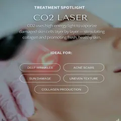 The CO2 laser uses high-energy light to vaporize damaged skin cells layer by layer. This process is ideal for stimulating collagen and addressing deep wrinkles, acne scars, and sun damage.