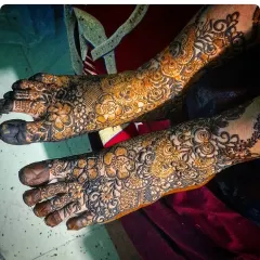 Your bridal look isn't complete without mehendi on your feet. Here is an example of my intricate floral and paisley work, showing how the design creates a beautiful pattern from ankle to toe.