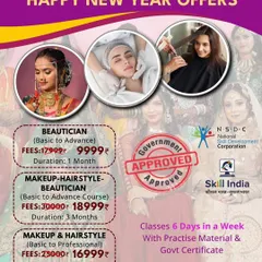 This poster details my special New Year offers on government-approved courses. I provide basic to professional training in beautician, makeup, and hairstyling at discounted prices to help you start your career.