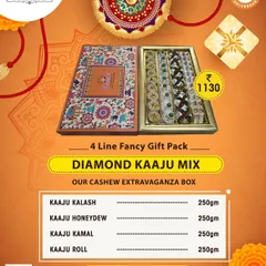 The Diamond Kaaju Mix is our cashew extravaganza box, perfect for a grand Rakhi celebration. It features an assortment of our most premium cashew sweets.