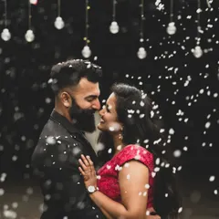 A magical pre-wedding portrait with a creative snow effect, creating a dreamy, fairytale-like atmosphere. We love experimenting with different themes to make your couple photoshoot truly unique and memorable.