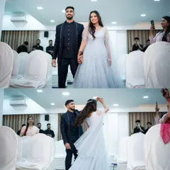 A collage showing the couple's grand entrance and a joyful twirl down the aisle at their engagement ceremony. It captures the energy and celebration of the moment.