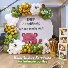 We can bearly wait! This adorable teddy bear themed baby shower backdrop is perfect for an intimate celebration. We used a soft, earthy palette of olive green, gold, and white balloons to create a warm and welcoming atmosphere for the parents-to-be.