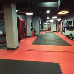 A wide shot of our gym floor, showing the expansive matted area and the MMA cage. We have the space and equipment for all aspects of combat training.