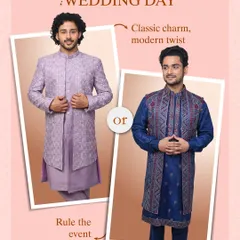 Your wedding day, your choice. On the left, a lavender sherwani offers a soft, modern twist. On the right, a classic navy kurta with a printed jacket provides a layered, traditional look. Both are available to rent for your main event.