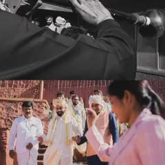 The groom's arrival, featuring traditional music and a welcoming ceremony with flower petals, capturing the start of the wedding festivities.