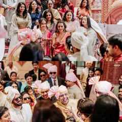 The wedding is a celebration of families. This collage captures the fun and interactive moments between the two families, full of smiles and laughter.