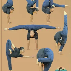 This collage shows one of my students demonstrating a variety of advanced poses, showcasing the versatility required for competitive yoga.