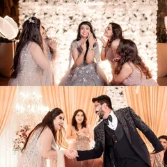 The groom's custom tuxedo, seen here as he greets his bride, was designed to be both elegant and comfortable, allowing him to enjoy every moment of his engagement party.