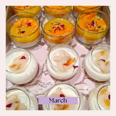 A beautiful array of our dessert cups from our March highlights. This image features our Mango Sticky Rice and Lychee Coconut Panna Cotta cups, perfect for a refreshing sweet treat.