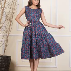 A deep indigo version of my tiered cotton dress, featuring a classic floral Bagru print. The sleeveless cut and 44-inch length make it a versatile choice for any casual occasion.