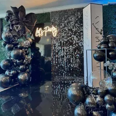 For a sophisticated and glamorous celebration, I designed this chic all-black party theme. The combination of a shimmering sequin wall, a custom neon sign, and dramatic balloon arrangements creates an unforgettable, high-end atmosphere for any adult birthday or event.