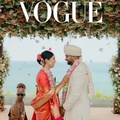 Featured in Vogue India, this shot captures the beautiful fusion of Tamil and Maharashtrian traditions at a coastal wedding in Sri Lanka. The vibrant colors of the bride's Kanjeevaram sari pop against the serene ocean backdrop.