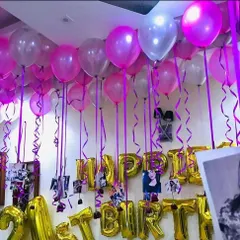 One of my most requested features is adding photos to the balloon decorations. Here, I've attached pictures to the ribbons of the ceiling balloons for a personalized birthday surprise.
