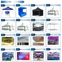 This catalog shows the variety of tents I offer. You can choose from simple canopy and promotional tents to large pagoda tents and German hangers, which can be equipped with platforms and AC.