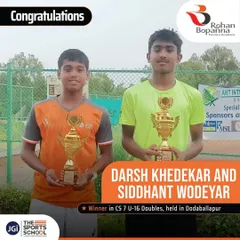 Congratulations to our winning duo, Darsh Khedekar and Siddhant Wodeyar, for clinching the doubles title at the CS 7 U-16 tournament in Dodaballapur. A fantastic display of teamwork!