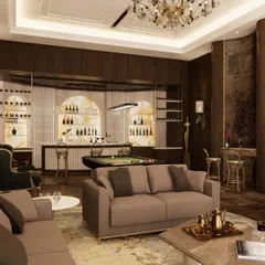 We designed this entertainment lounge as a sanctuary of sophisticated leisure. The space features a custom bar with an onyx stone top, a professional pool table, and a cozy seating area, all unified by dark wood paneling and warm, antique-style lighting.