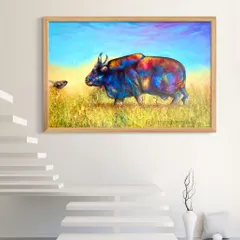 This abstract wildlife painting of an Indian gaur is shown in a minimalist interior with a modern staircase, illustrating how art can be a focal point in a clean, contemporary home.