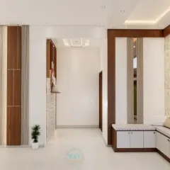 A render of a hallway with a window-side seating nook that has built-in storage drawers underneath.