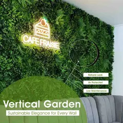 This is how I transform commercial spaces. For this cafe, I installed a lush, UV-protected vertical garden that creates a vibrant atmosphere, making it a memorable spot for customers. The neon sign adds a great touch to the green wall.