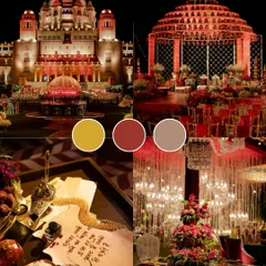 A regal color palette inspired by royal Indian architecture. The combination of gold, deep red, and earthy brown is perfect for creating a majestic and timeless wedding ambiance.