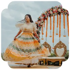 A vibrant, multi-hued lehenga designed for movement and joy. The full-circle skirt with its chevron pattern comes alive with every twirl, making it a perfect choice for a sangeet or mehendi celebration.
