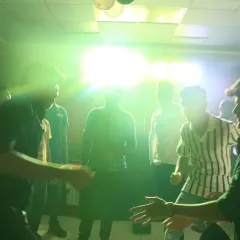 A candid shot of guests letting loose at a private house party. My goal is always to create a comfortable and fun atmosphere where everyone feels free to dance.