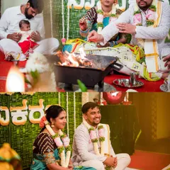 Parents performing rituals during their child's naming ceremony, with a focus on the sacred fire (homa). We capture the spiritual significance of the day.