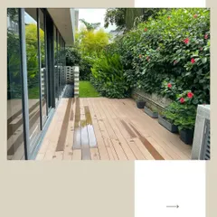 We installed this durable, sustainable wood-look composite deck alongside the home, providing a clean, modern surface for outdoor living. The decking is framed by lush hibiscus bushes and connects the interior with the garden.