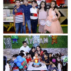 For Ayaan's 7th birthday, we went all out with an Avengers theme. This collage shows the birthday boy with his friends and the whole group celebrating around a superhero cake.