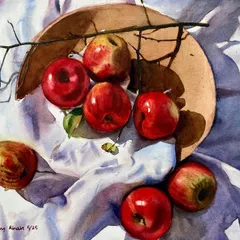 A study of light and shadow on apples. This still life from my complete watercolor course focuses on how strong sunlight creates deep shadows and brings out the vibrant red of the fruit.