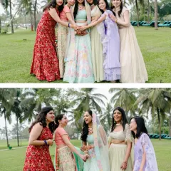 A fun and joyful collage of the bride with her bridesmaids, capturing both a posed shot and a moment of shared laughter.