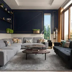 This modern luxury residence showcases a harmony of bold elegance and playful creativity. The living area is defined by a deep blue feature wall with brass inlays, paired with contemporary furniture and ample natural light to create a space that nurtures family life.