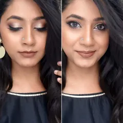 A soft glam look with shimmery eyelids and a nude brown lip, paired with a simple black outfit. Perfect for an evening out.