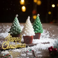I wanted to capture the magic of a white Christmas with this scene. These are my bestselling Christmas tree candles, set in a snowy landscape with festive candy canes. They are perfect for creating a cozy holiday atmosphere in your home.